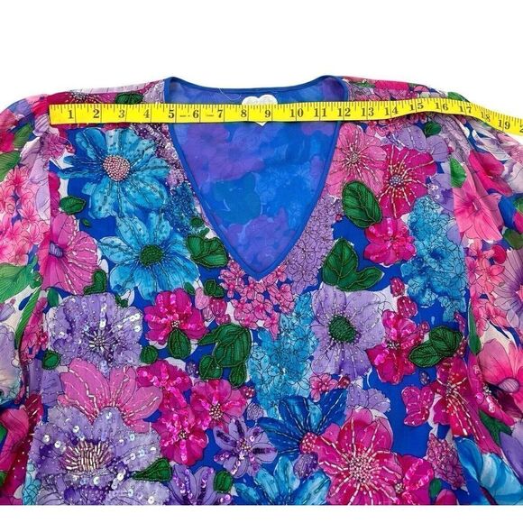 Art To Wear Fairy Floral Colorful Women’s Tunic Top Large Beaded Sequin Bright - Picture 9 of 16